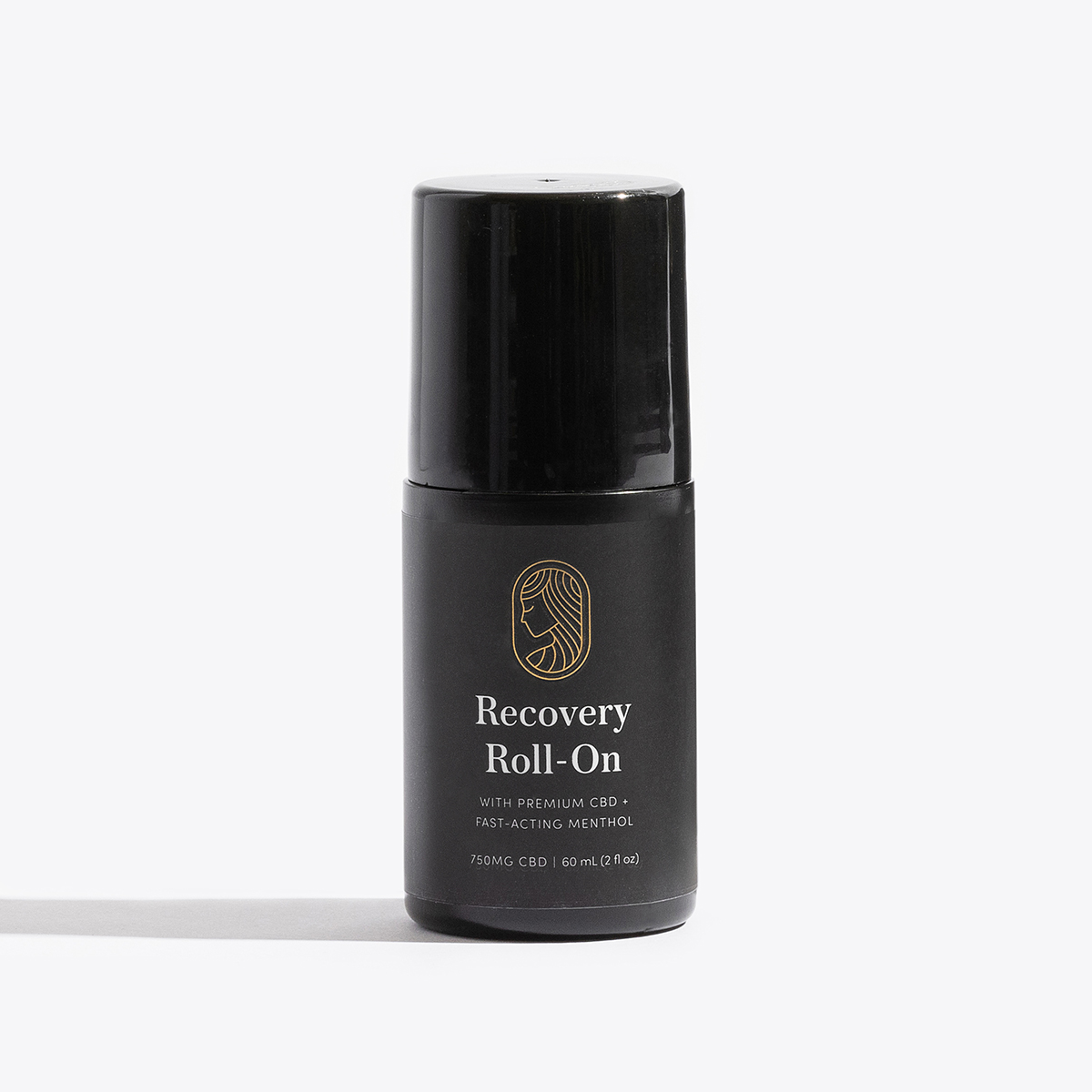Black Recovery Roll-On container with strong shadow on white background.