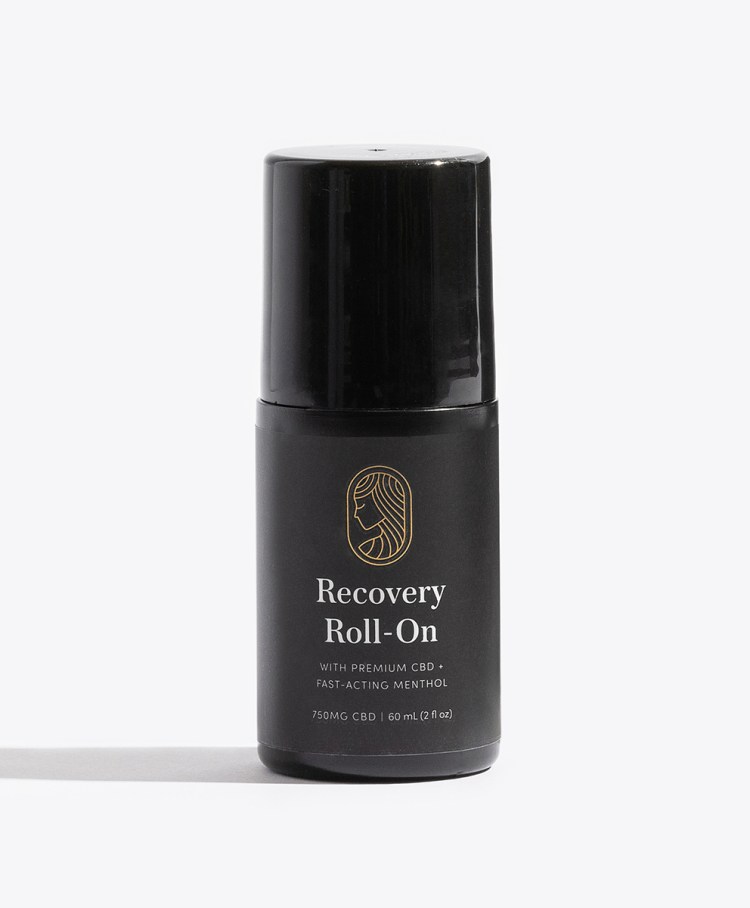 Black Recovery Roll-On container with strong shadow on white background.